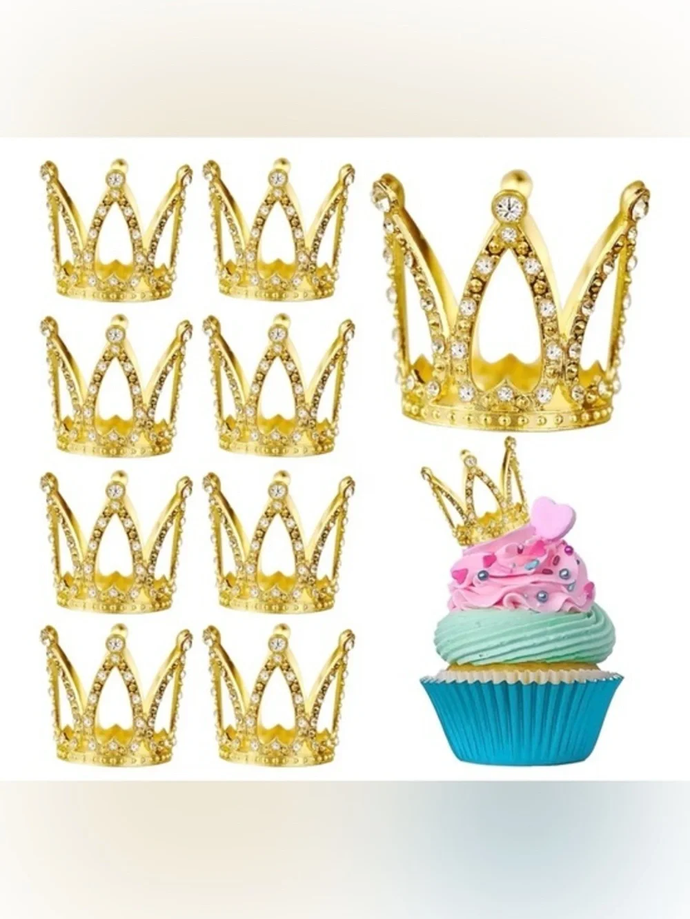 🫶🏻 37 Gold Mini Crown Cupcake Toppers - Party Decorations